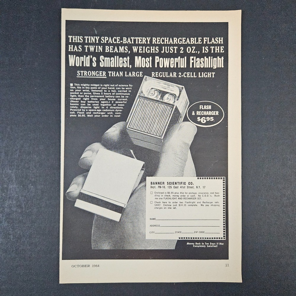 1964 Banner Scientific Regular 2-Cell Flashlight Vintage Print Ad‎ Rechargeable